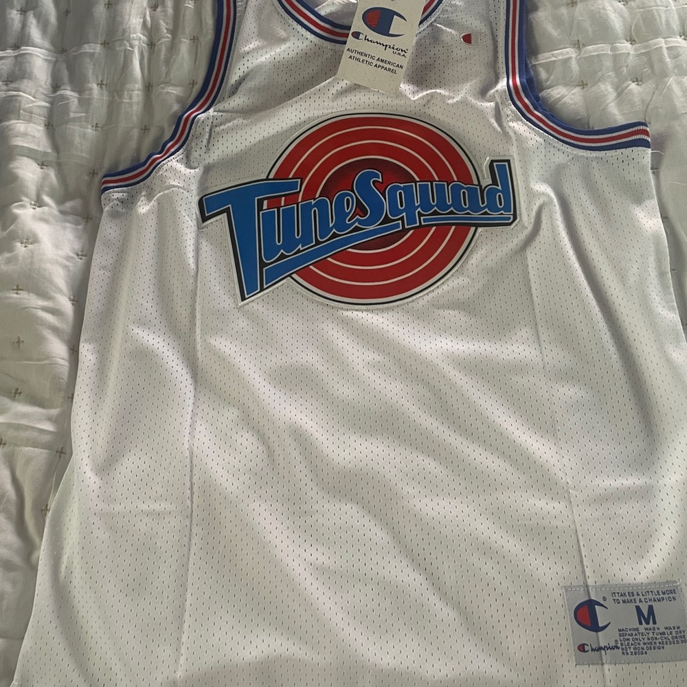 Champion White Tune Squad Jersey with Blue and Red Accents